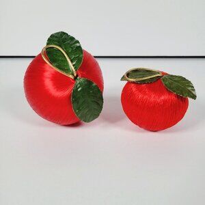 2 Vintage Spun Silk Satin Wrapped Red Fruit Christmas Ornaments